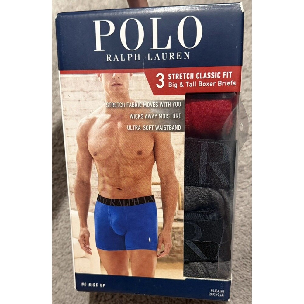 MENS 1X POLO RALPH LAUREN COTTON BOXER BRIEFS Classic Stretch 3 Pack Pony Gray
